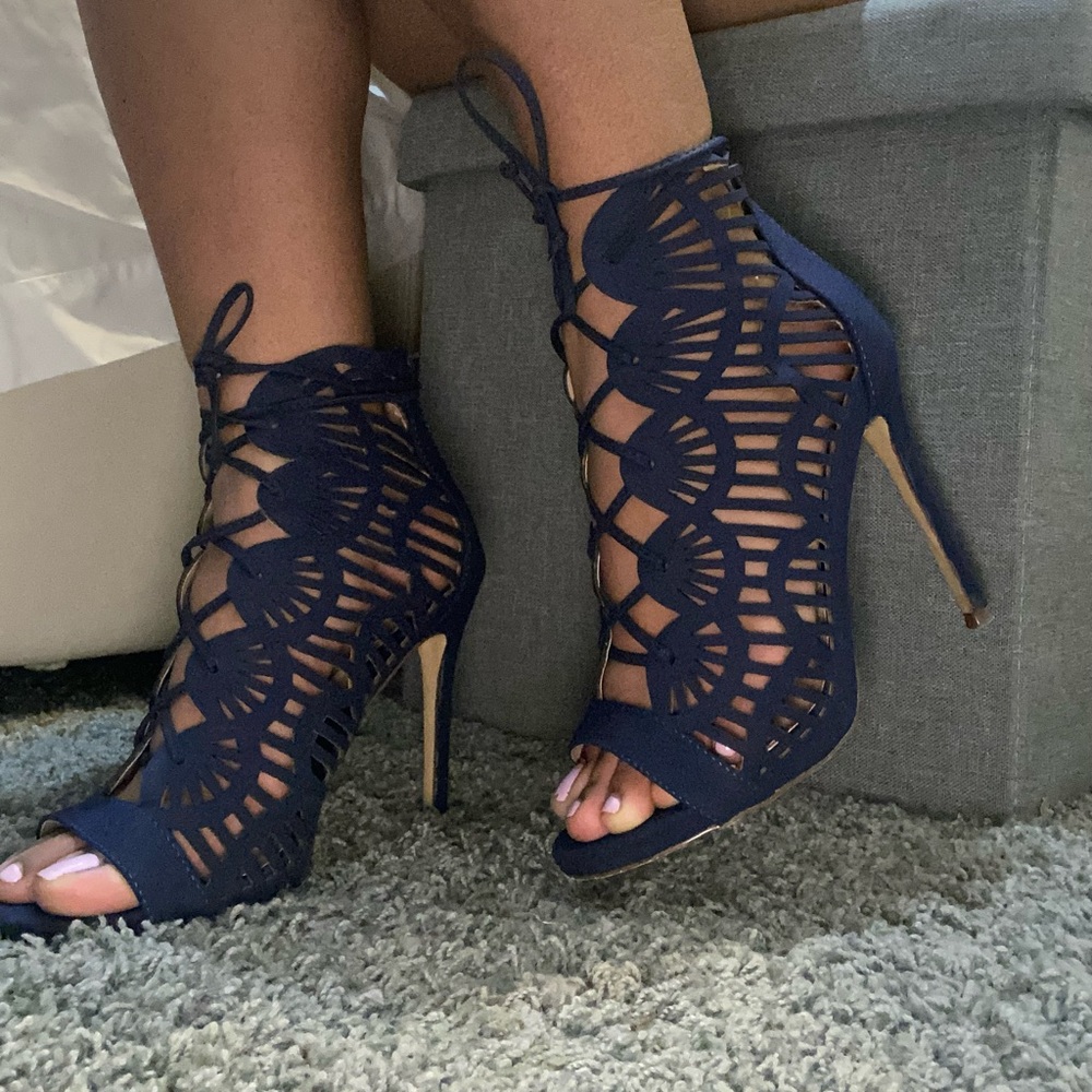 NWOT Navy Blue Ankle Tie Cutout Heel Strap
